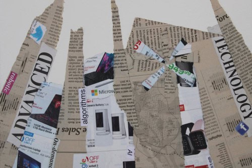 An abstractly collaged church collaged out of newspaper and magazine clippings.
