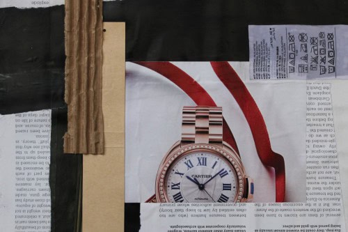 "By and By" 2021, Paper, cardboard and tag collage on watercolor paper, 8 by 10 inches