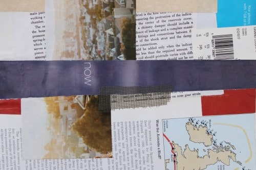 "Now" 2021, Paper and mesh collage on watercolor paper, 8 by 10 inches