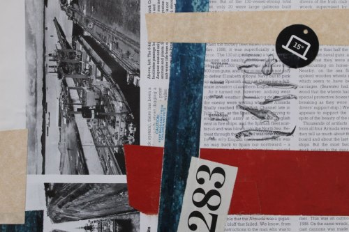 "The Armada" 2021, Paper, tag and image transfer collage on watercolor paper, 8 by 10 inches