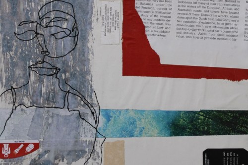 "Vessel" 2021, Paper, tag and acrylic marker collage on watercolor paper, 8 by 10 inches