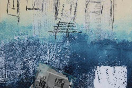 "Before and After" 2022, Cold wax, oil paint, paper, charcoal and image transfer collage on watercolor paper, 12 by 9 inches