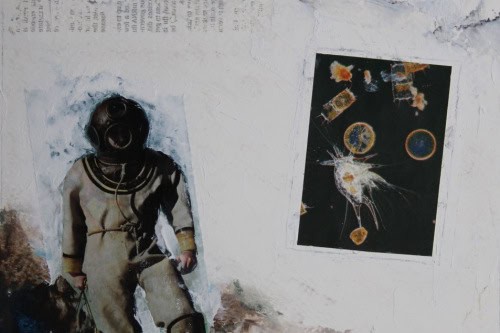 "Plankton" 2022, Cold wax, oil paint, paper, charcoal and image transfer collage on watercolor paper, 12 by 9 inches