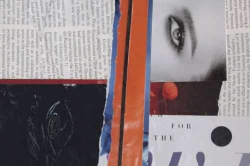 "Gazes", 2023, Paper, acrylic paint, wire mesh and metal collaged on paper, 12 by 9 inches