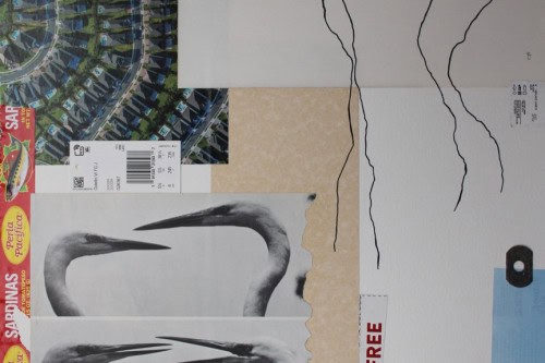 "Duo" 2023, Paper, tags, acrylic marker, plastic and metal collage on paper,  24 by 18 inches