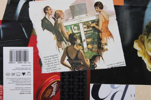 "General Electric" 2022, Paper and tag collage on watercolor paper, 9 by 12 inches