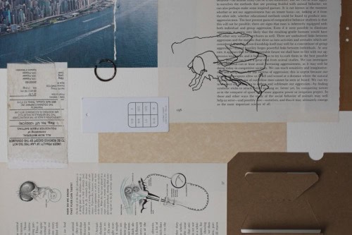 "Living Together" 2023, Paper, tags, cardboard, acrylic marker, and metal on paper, 24 by 18 inches