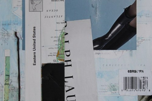 "Ocean" 2022, Paper, tempera paint, fabric, tag, cardboard and wire collage on Bristol paper, 12 by 9 inches