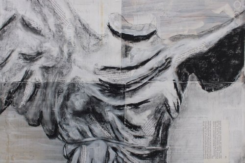Phantom smile, 2021, Charcoal, paper and tempera paint collaged on paper, 18 by 24 inches