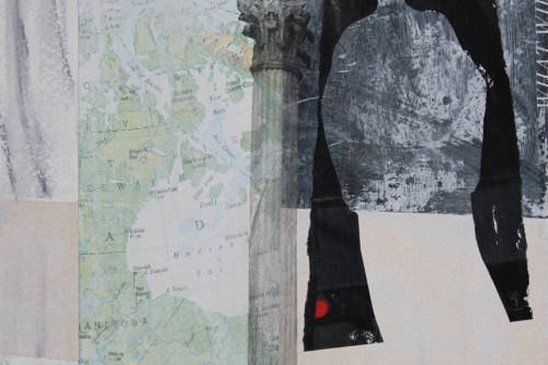 "What Will" 2022, Paper, charcoal, tempera paint, and tag collage on watercolor paper, 12 by 9 inches