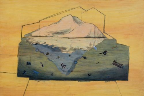 "The Iceberg in the Room" 2018, Acrylic and paper collage on canvas, 24 by 36 inches