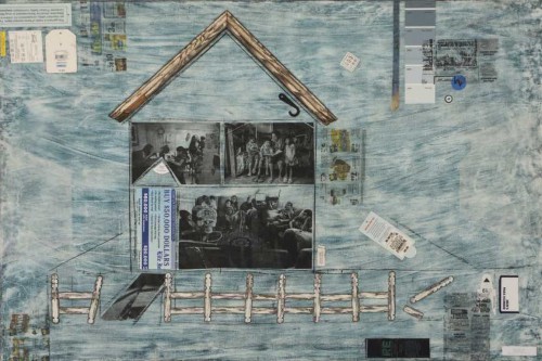 "American Dream" 2018, Acrylic, charcoal, image transfers, tags and wood on canvas, 24 x 36 inches