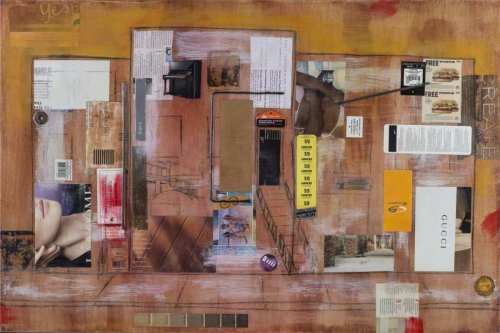 "Create a Place" 2019, Acrylic, charcoal, tags, labels, magazine clippings, metal, and cord collage on canvas, 24 by 36 inches