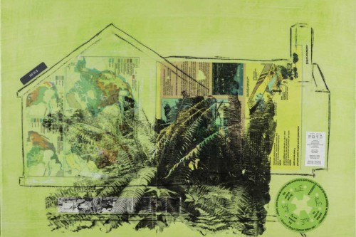"Deforestation" 2019, Acrylic, charcoal, tags, labels, and image transfers collage on canvas, 18 by 24 inches
