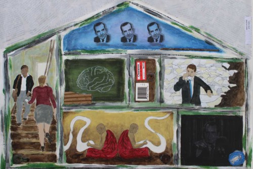 "Rewriting" 2021, Acrylic, charcoal, graphite, tags, cardboard, image transfers and metal collage on canvas, 18 by 24 inches