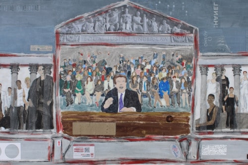 "Equal Justice" 2021, Acrylic, charcoal, tags, paper, image transfers, mesh and metal collage on canvas, 18 by 36 inches