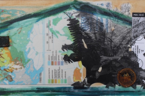 "Land Use" 2021,  Acrylic, charcoal, image transfers, tags, sticker and metal collage on canvas, 6 by 10.5 inches
