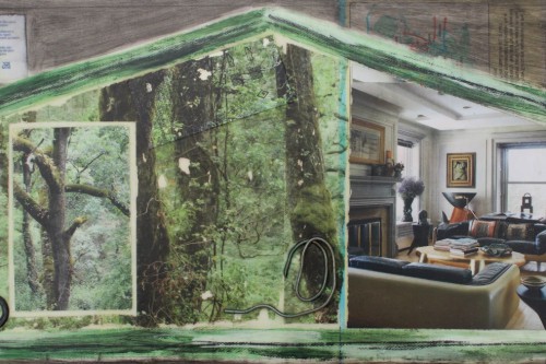 "Windows" 2021, Acrylic, charcoal, paper, stickers, tags, image transfers, plastic and wire collage on canvas, 7.5 by 14 inches