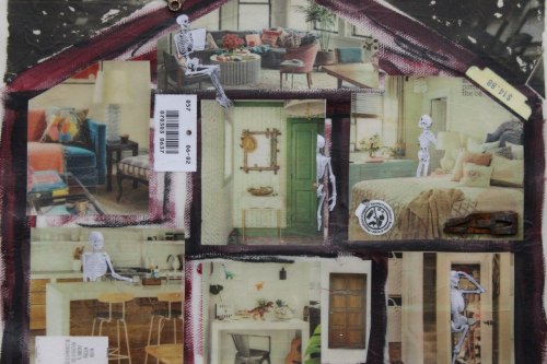 "Closed Doors" 2020, Acrylic, charcoal, paper, tags, metal and image transfer collage on canvas, 8 by 10 inches