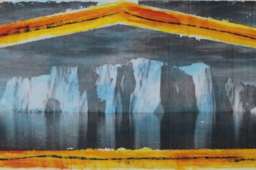 "Iceberg of Vanity" 2021, Acrylic, charcoal and image transfer collage on canvas, 5 by 11 inches