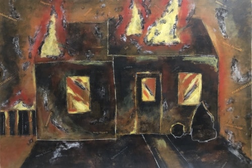 "Burning Chaos (black)" 2019, Acrylic and paper collage on canvas, 18 by 24 inches