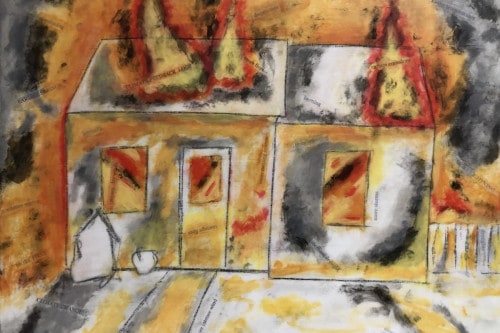 "Burning Chaos (white)" 2019, Acrylic and paper collage on canvas, 18 by 24 inches