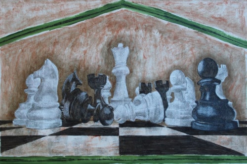 "Imperialistic Game" 2022, Acrylic, charcoal and image transfers collage on canvas, 16 by 26 inches