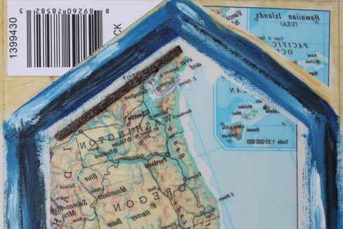 "Edge of Nature" 2021, Acrylic, charcoal, image transfers, tags and metal collage on canvas, 11 by 5.5 inches