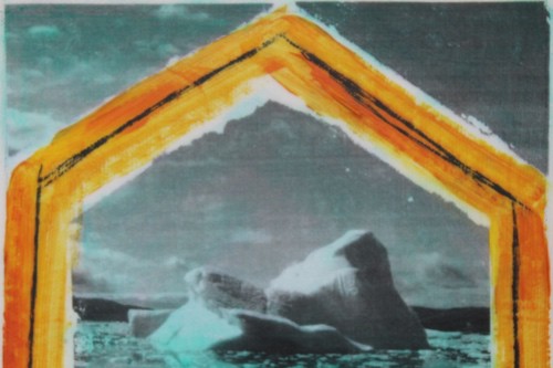 "Iceberg of Complacency" 2021, Acrylic, charcoal and image transfer collage on canvas, 5.5 by 5.5 inches