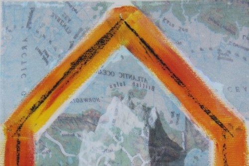 "Iceberg of Denial" 2022, Acrylic, charcoal and image transfers collage on canvas, 10 by 5 inches