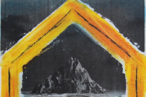 "Iceberg of Silence" 2021, Acrylic, charcoal, graphite and image transfer collage on canvas, 9 by 5 inches