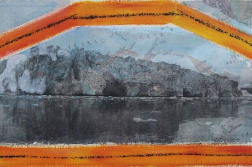 "Iceberg of Remberance" 2022, Acrylic, charcoal and image transfers on canvas, 5 by 10 inches