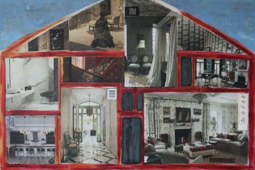 "Leaving the Skeletons Behind" 24 by 36 inches, acrylic, paper, mesh, image transfers and metal collage on canvas, 2020