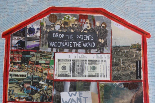 "Profit Exploit" 2022, Acrylic, charcoal, magazine clippings, paper, tags, metal and fabric collage on canvas, 36 by 24 inches