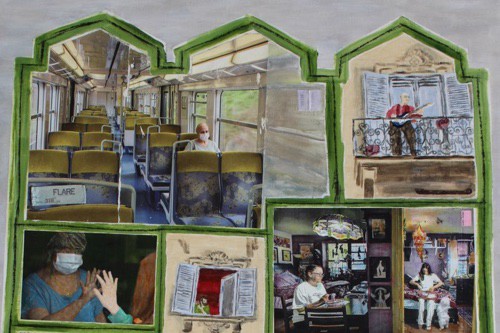 "Quarantine" 2022, Acrylic, charcoal, paper, tags, metal, plastic and image transfers collage on canvas, 36 by 24 inches