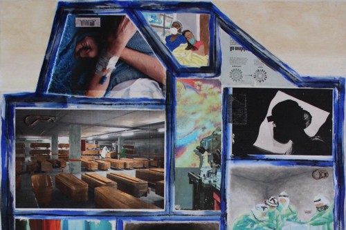 "Response" 2022, Acrylic, charcoal, paper, tags, mesh, metal, plastic and image transfers collage on canvas, 36 by 24 inches