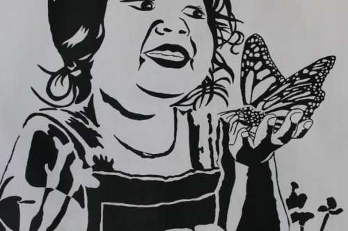 Painting of a little girl smiling joyfully and holding a butterfly in black and white.