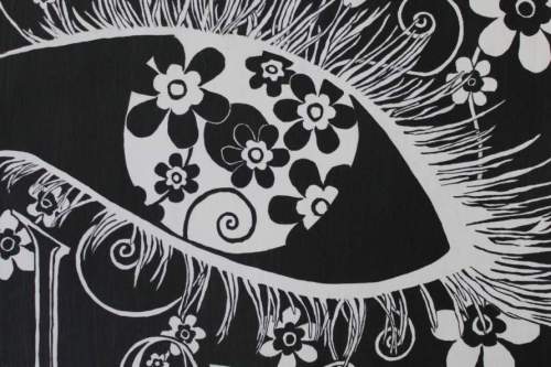A painting of an eye up close filled with flowers with Eye Love You painted around it in black and white.