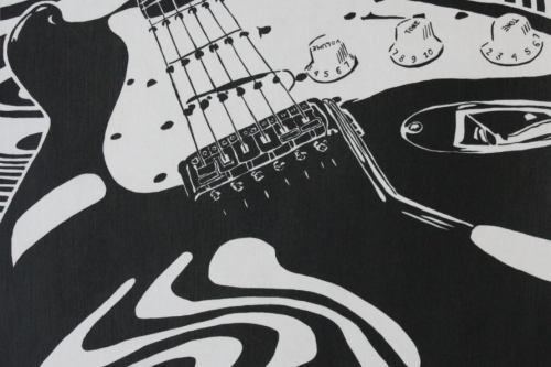 Painting of a fender Stratocaster guitar with a perspective angle on a psychedelic wavy line background in black and white.