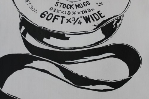 Painting of a roll of tape with fix and save written on the tin covering in black and white.