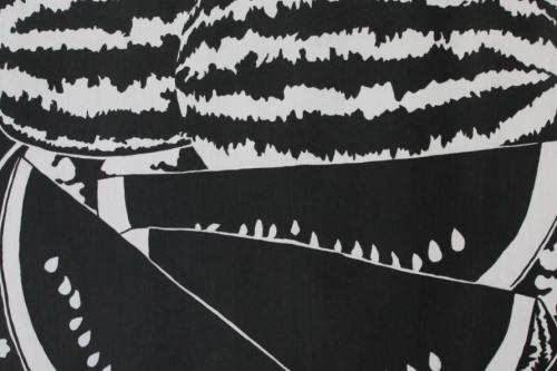 Painting of watermelon and watermelon slices with the text Justice Now, Peace Forever, painted into the background in black and white.