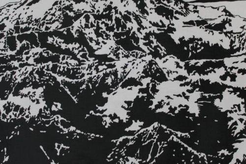 Painting of snow covered mountain peak in black and white.