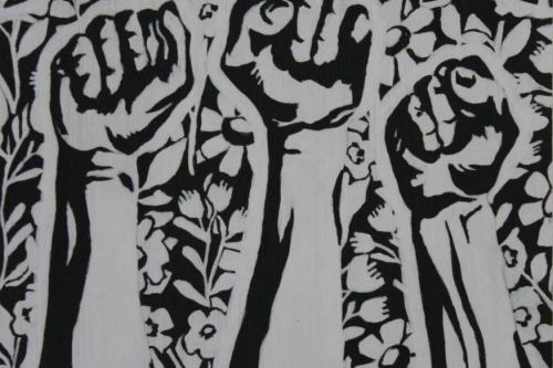 Painting of three fists raised in the air with a flower pattern in the background with the words people power painted into the composition in black an white.