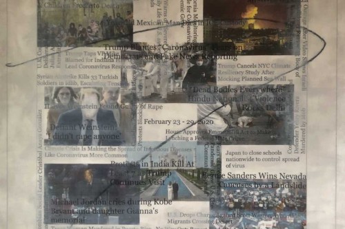 "Headlines (February 23-29, 2020)" 2020, Acrylic, charcoal, graphite and hand-painted image transfers collaged on canvas, 22 by 23 inches