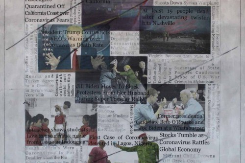"Headlines (March 1-7, 2020)" 2020, Acrylic, charcoal, graphite and hand-painted image transfers collaged on canvas, 22 by 23 inches