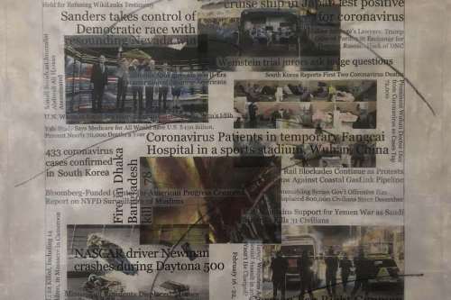 "Headlines (February 16-22, 2020)" 2020, Acrylic, charcoal, graphite and hand-painted image transfers collaged on canvas, 22 by 23 inches