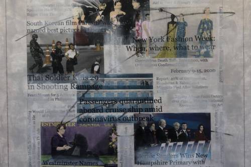 "Headlines (February 9-15, 2020)" 2020,  Acrylic, charcoal, graphite and hand-painted image transfer collaged on canvas, 22 by 23 inches