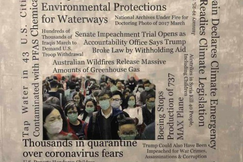 "Headlines (January 19 - 25, 2020)" 2020, Acrylic, graphite and hand-painted image transfers collaged on canvas,  22 by 23 inches