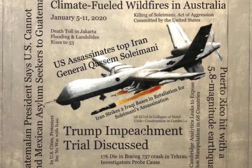 "Headlines (January 5 - 11, 2020)" 2020, Acrylic, graphite and hand-painted image transfers collaged on canvas, 22 by 23 inches