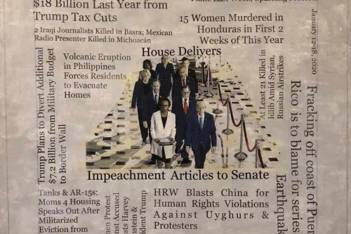 "Headlines (January 12 - 18, 2020)" 2020, Acrylic, graphite and hand-painted image transfers collage on canvas, 22 by 23 inches